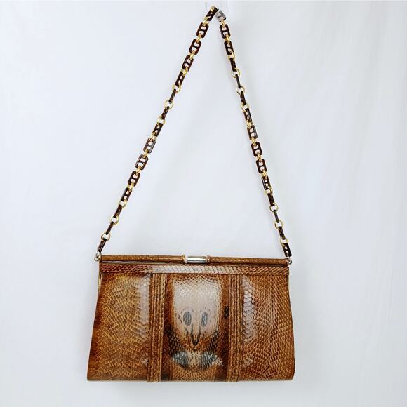 Vintage Genuine Snakeskin Clutch Purse With Chain Brown Cobra Head Markings - Picture 4 of 10
